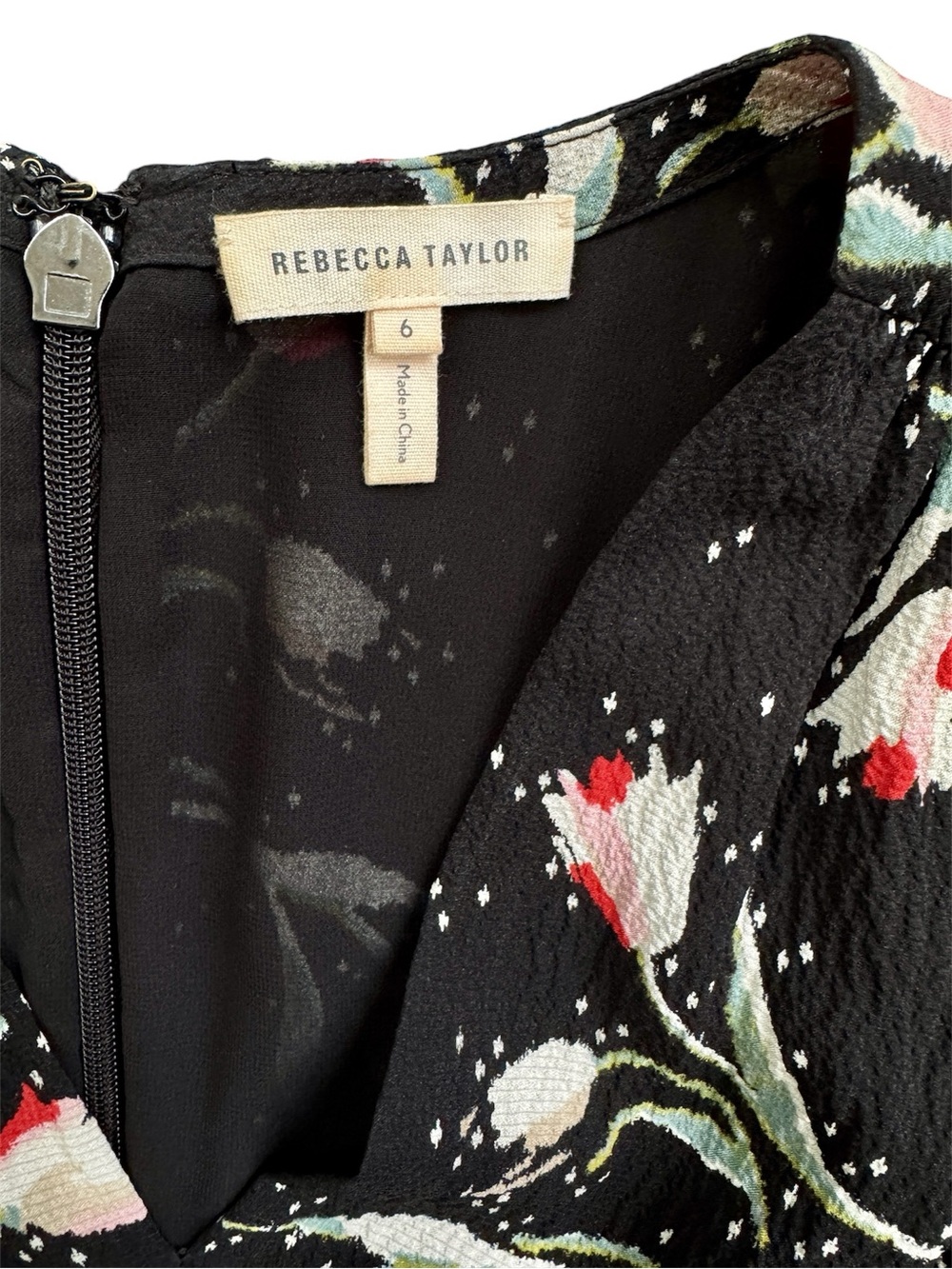 Rebecca Taylor Floral Tulip Print Dress Black Ruffle Crepe Midi- US 6 / UK 10 - Picture 3 of 4